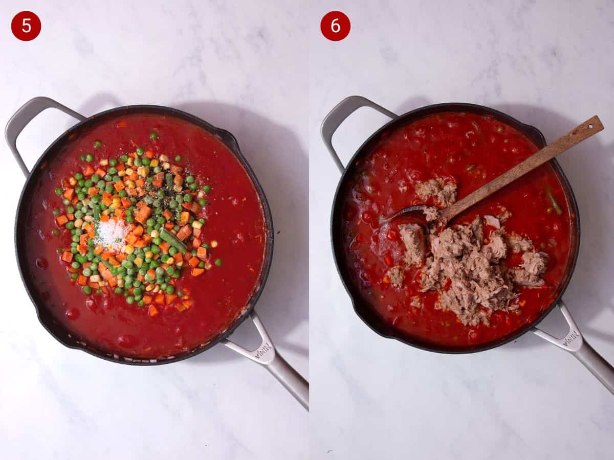 2 step by step photos, the first with mixed vegetables and salt added to the passata and the second with tuna added to the pan.