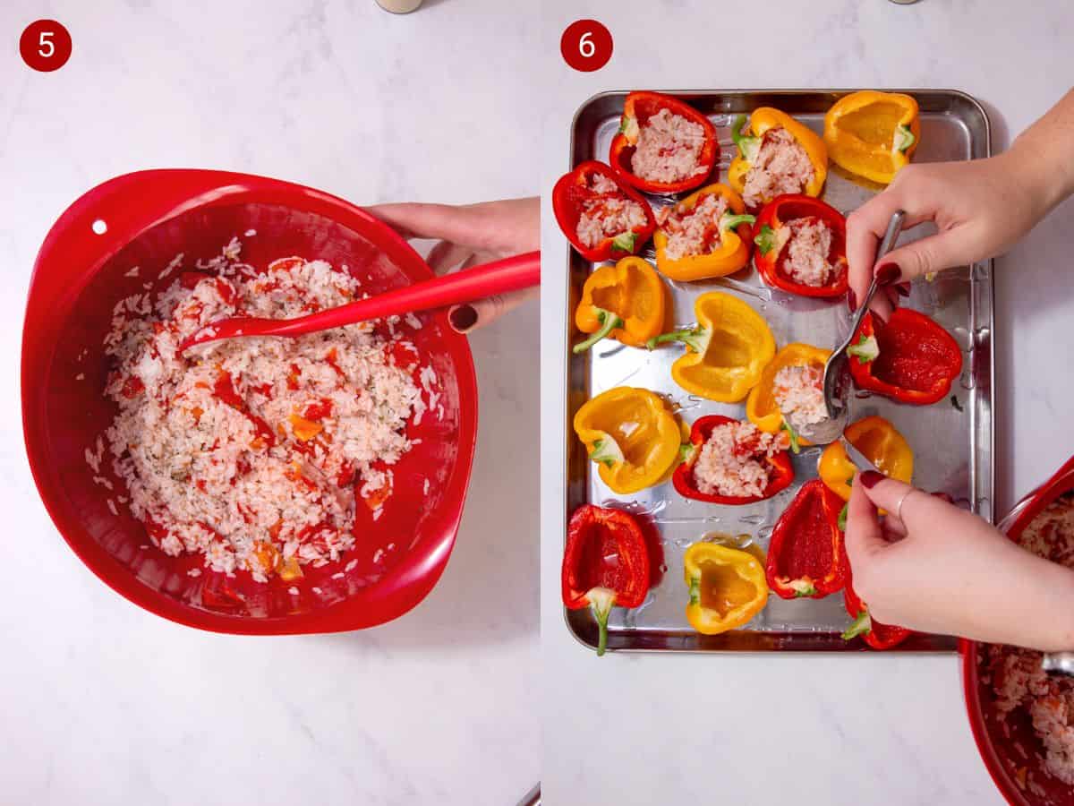 2 step by step photos, the first with rice mixed with tomatoes in a large red bowl and the second with pepper halves being filled with the rice mixture.