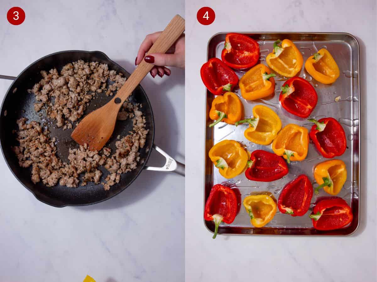 2 step by step photos, the first with sausage mince being fried in a pan and the second with the yellow and red pepper halves on a stainless steel baking tray.