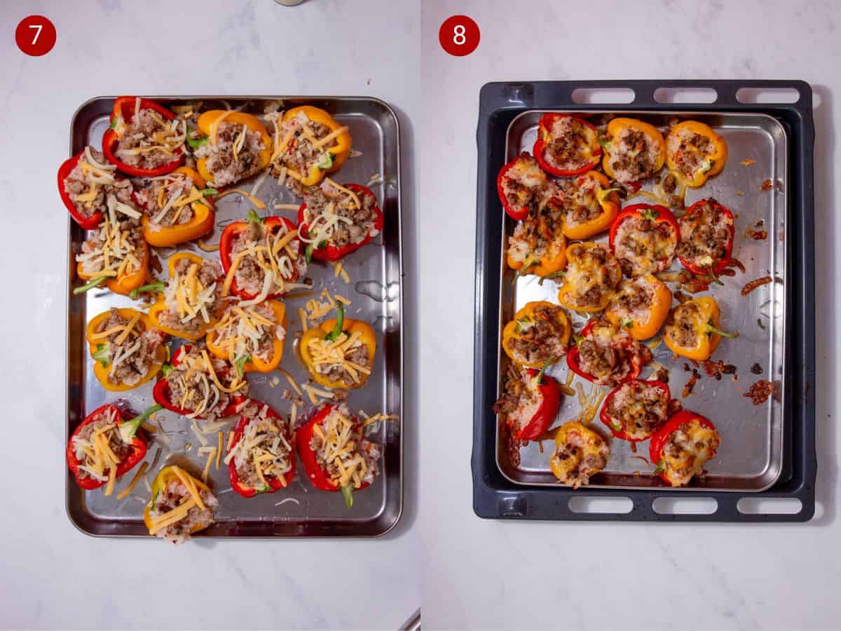 2 step by step photos, the first with stuffed peppers on a baking tray topped with grated cheese and the second with the sausage topping and cheese browned after baking.