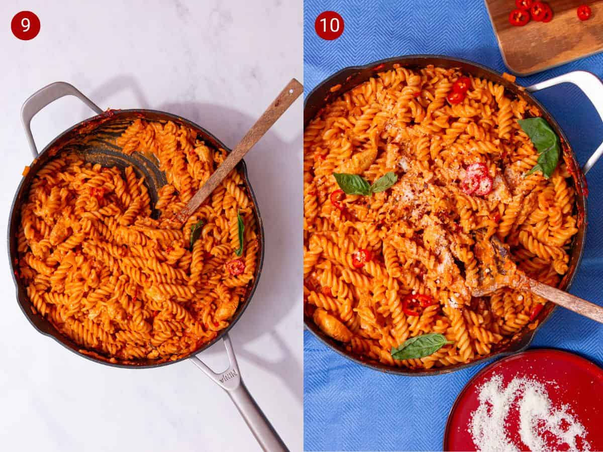 2 step by step photos, the first the tomatoey fusilli pasta mixed witha wooden spoon in a pan and the second with garnishes added to pan.