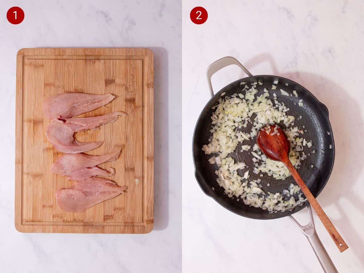 2 step by step photos, the first with sliced chicken on chopping a board and the second withchopped onions frying in a pan.