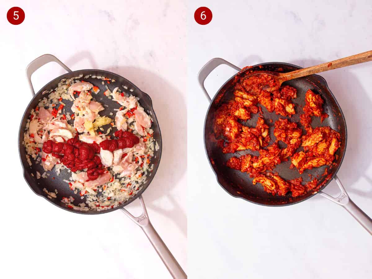 2 step by step photos, the first with onions, chicken and garlic with tomato puree in a pan and the second with everything mixed together.