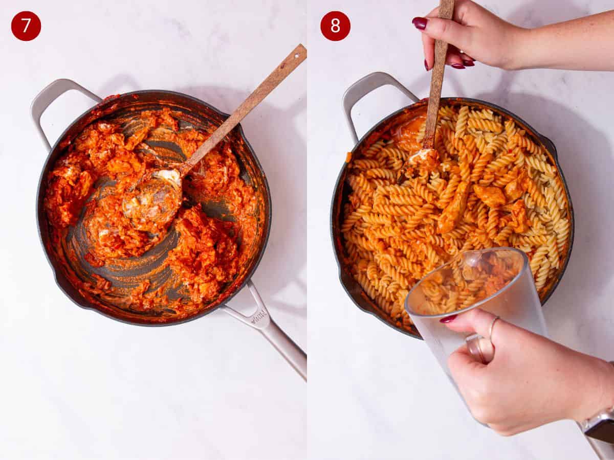 2 step by step photos, the first with the tomatey mixture  in a pan and the second with fusilli pasta and water being poured into pan.