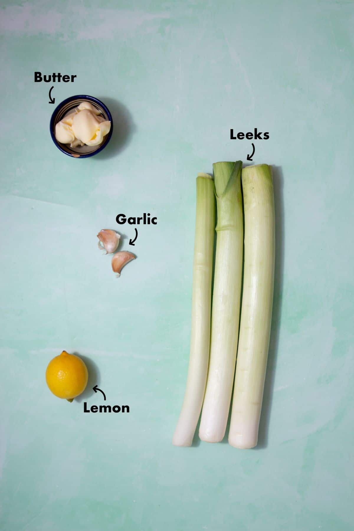 Ingredients to make sauteed leek laid out on a pale blue back ground and labelled.