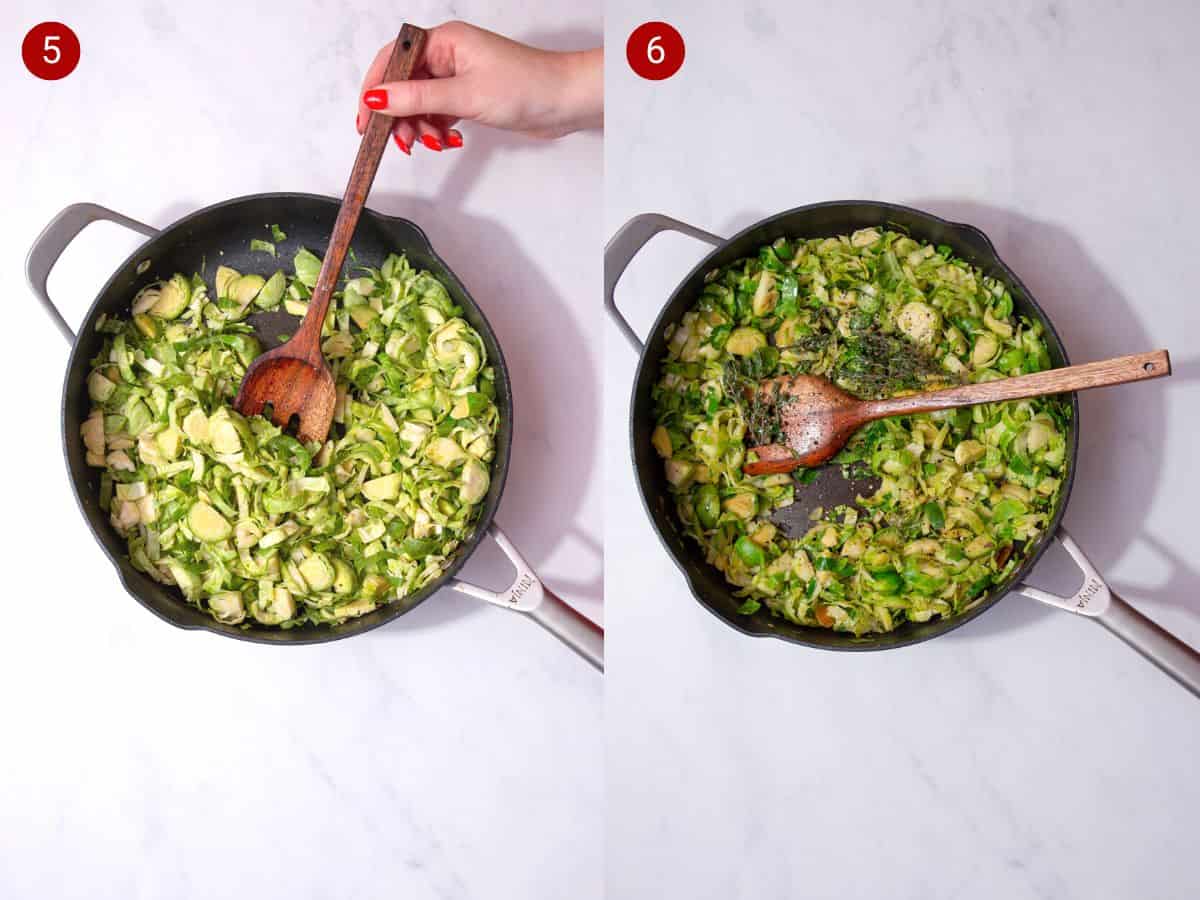 2 step by step photos, the first with sliced Brussels in a pan with a wooden spoon and the second with the sprouts fried and some herbs added.