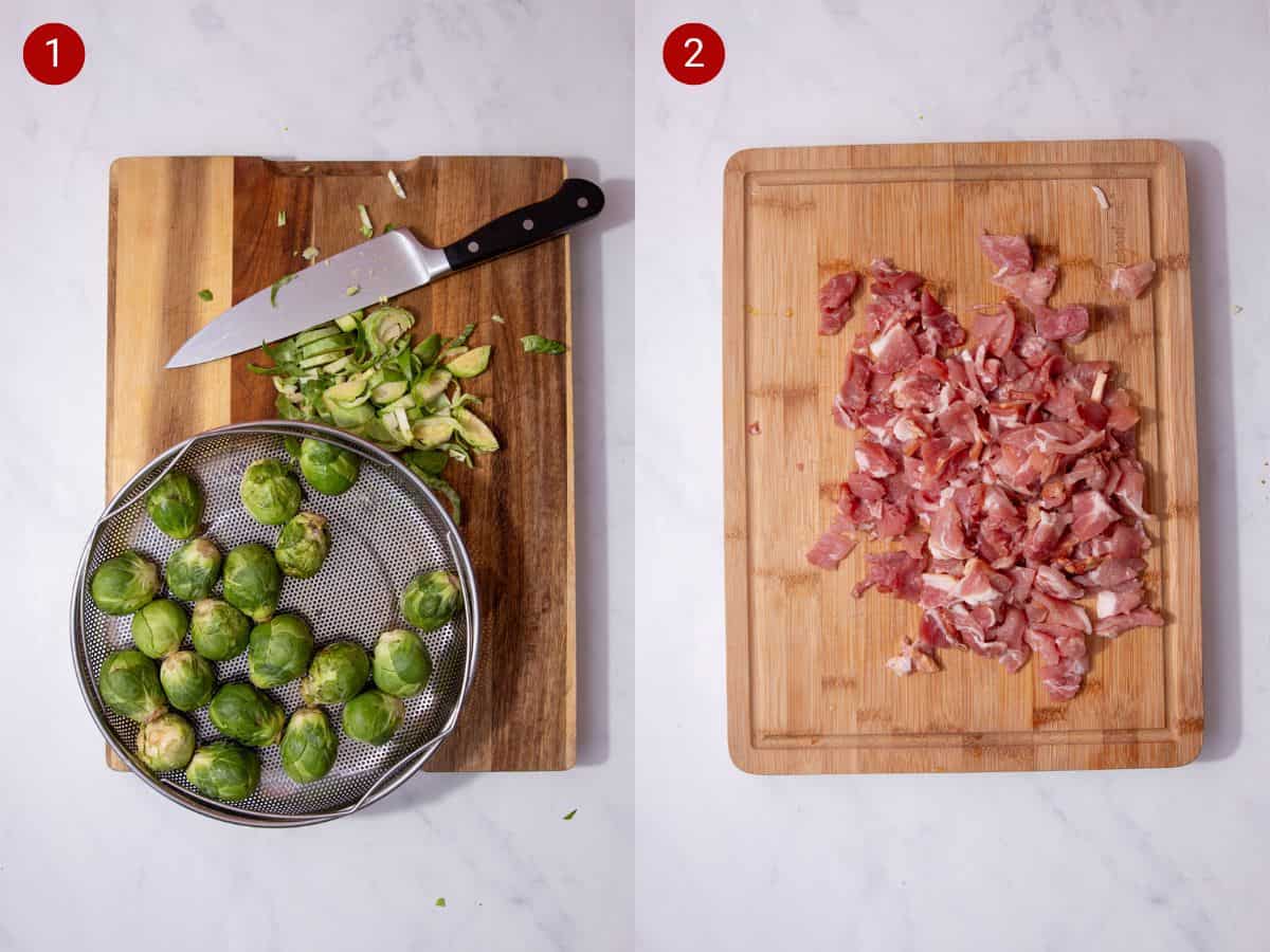 2 step by step photos, the first with sliced  brussel sprouts on chopping a board and the second with pieces of of bacon on a chopping board.