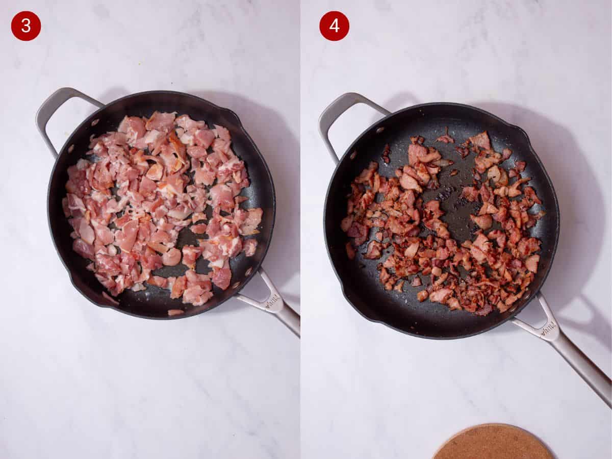 2 step by step photos, the first slices of bacon in a pan and the second with the bacon pieces browned in the pan.
