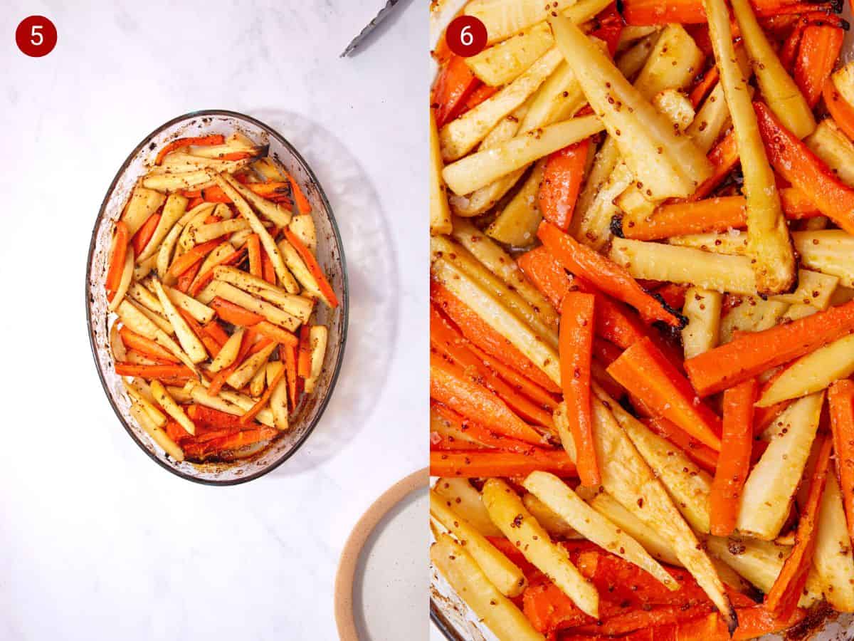 2 step by step photos, the first with a bowl of roasted, sliced carrots and parsnips and the second with a close up of the roasted glazed veg.