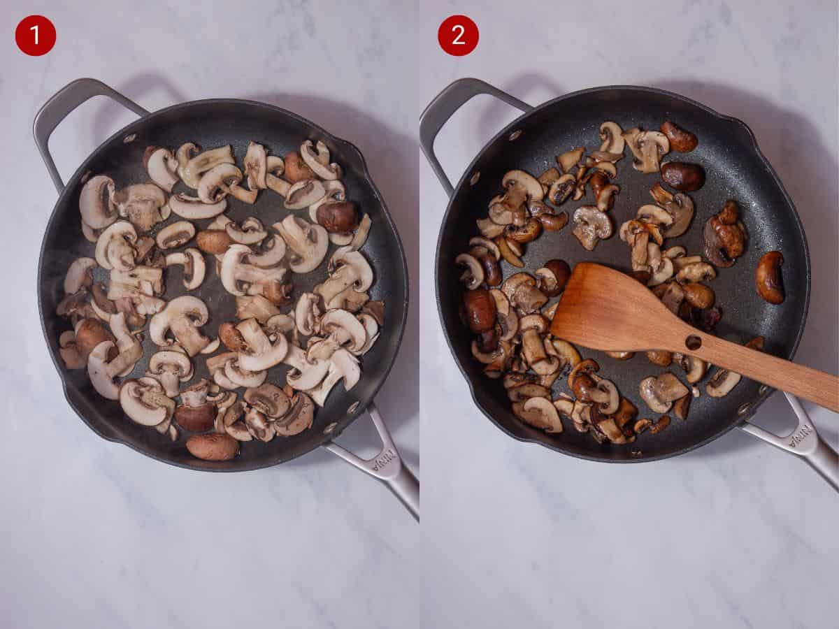 2 step by step photos, the first with finely sliced mushrooms in a pan and the second with the mushrooms fried and browned and stirred witha wooden spoon.