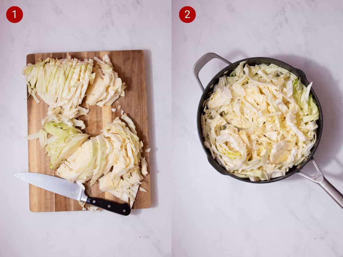2 step by step photos, the first with finely sliced cabbage on chopping a board and the second with the cabbage frying in a pan.