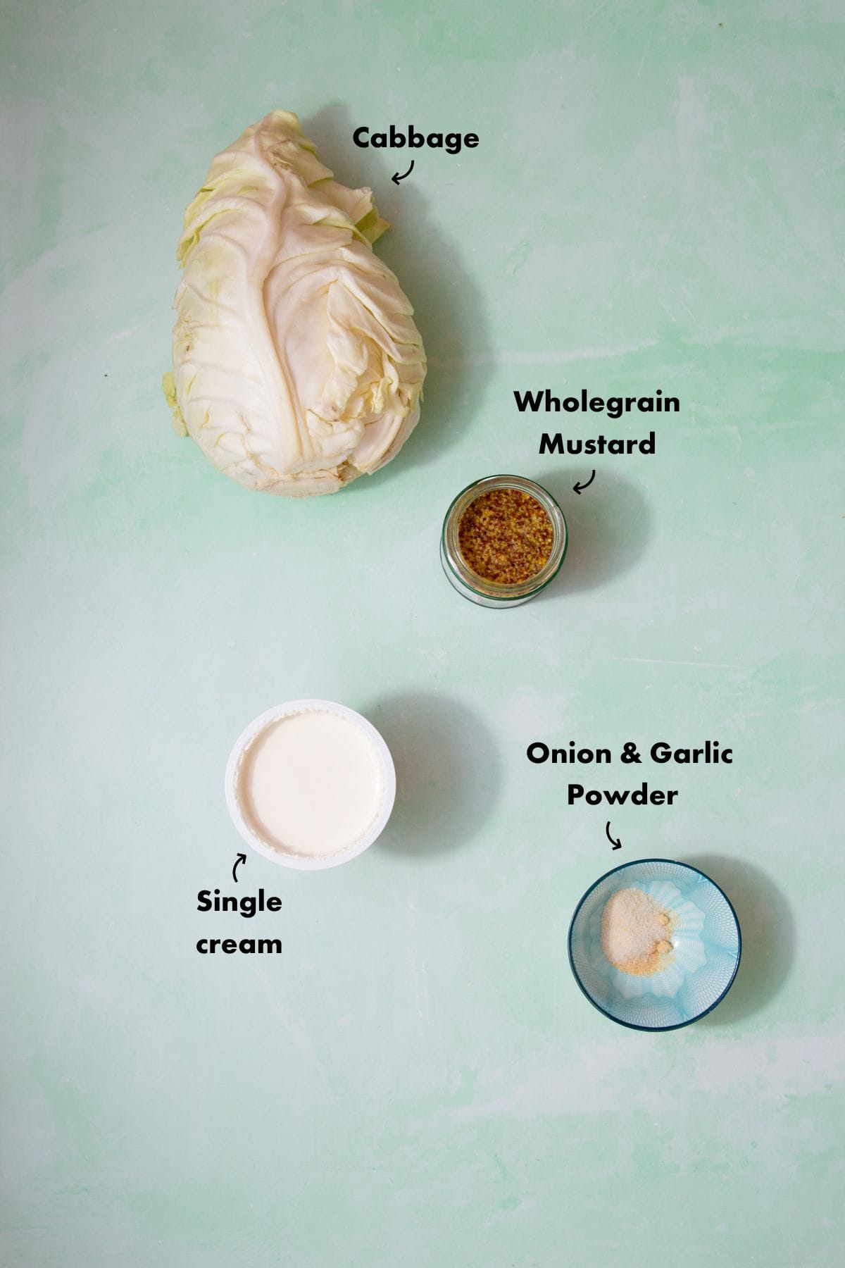 Ingredients to make creamed cabbage laid out on a plae blue back ground and labelled.