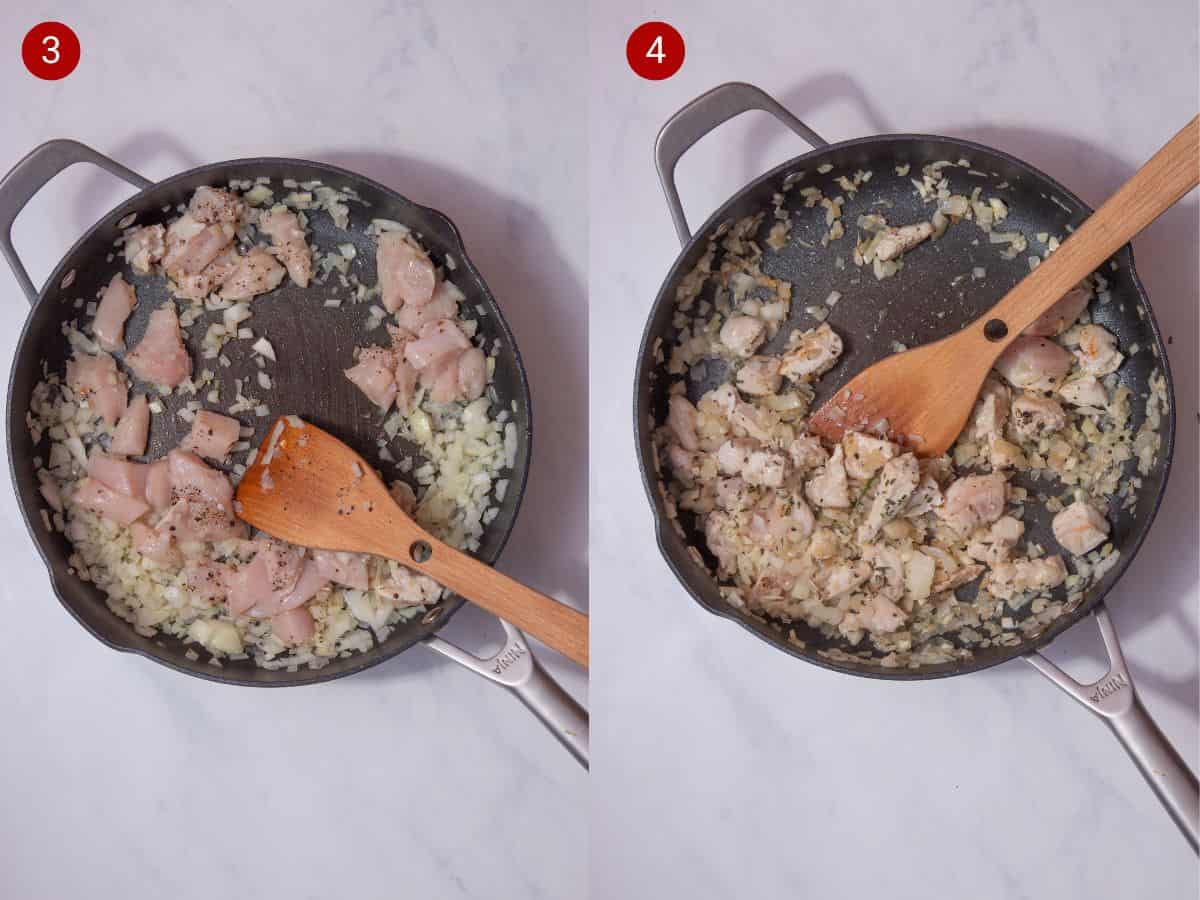 2 step by step photos, the first with chicken and chopped onion in a pan and the secondthe chicken and onion partly cooked.