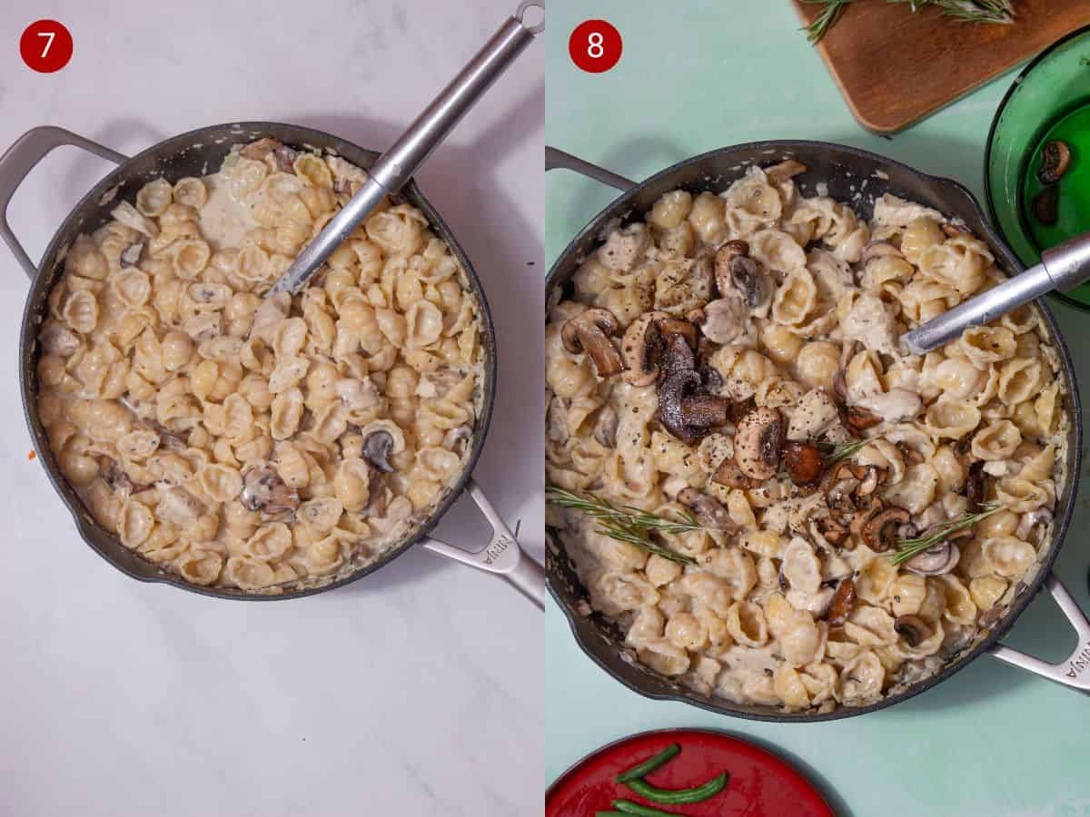 2 step by step photos, the first with pasta shells and creamy sauce and mushrooms in a pan and the second with the pasta toped with the fried onions, some rosemary and seasoning in the pan.