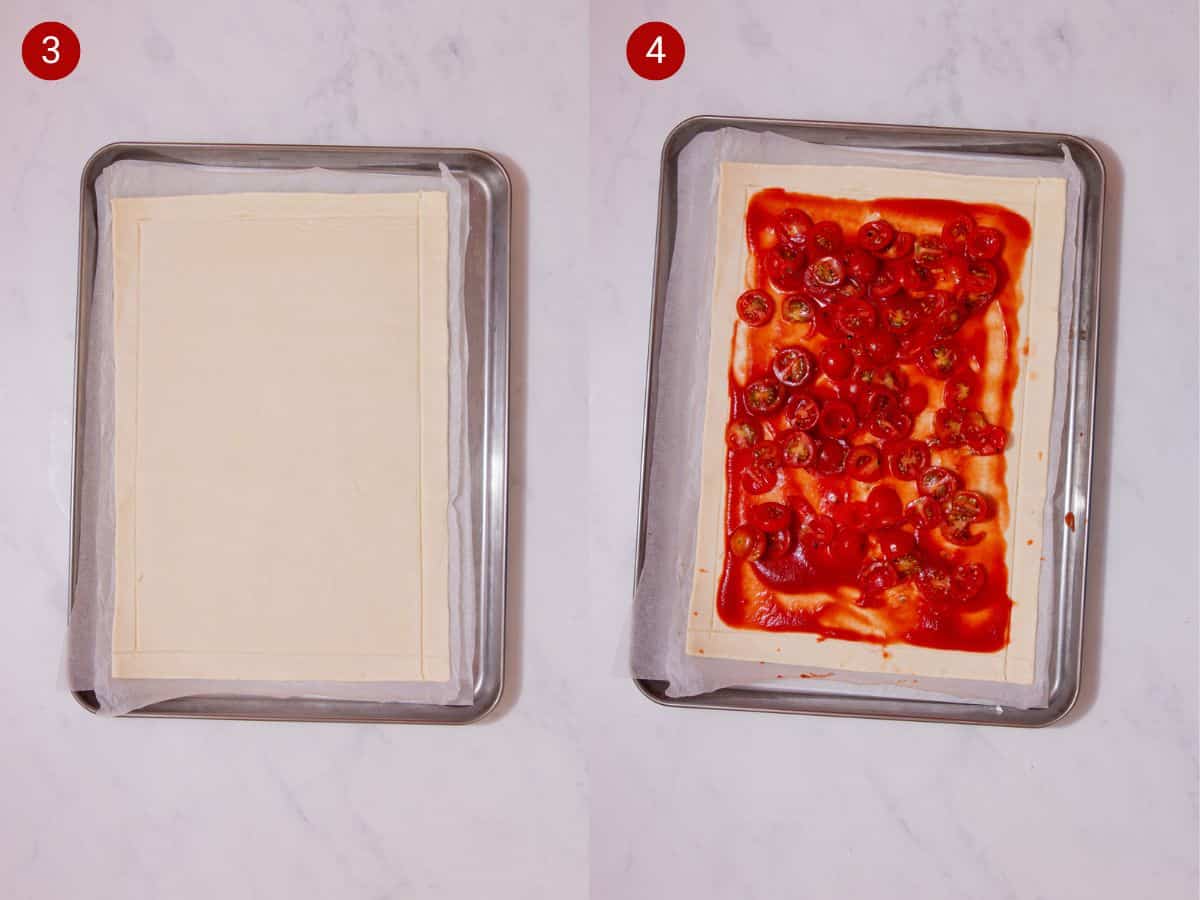 2 step by step photos, the first with rolled out pastry on parchment paper on a baking tray and the second with cherry tomato slices and tomato sauce spread on the pastry.