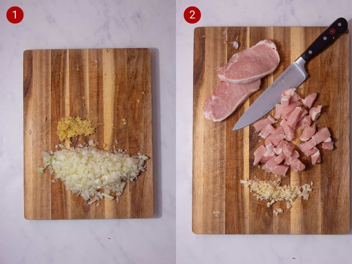 2 step by step photos, the first with finely sliced onions and grated ginger on chopping a board and the second with pieces of sliced pork and chopped garlic on a board.