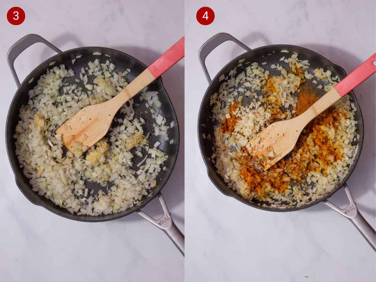 2 step by step photos, the first with sliced onionsand ginger frying in a pan and the second with curry powder added to the pan.