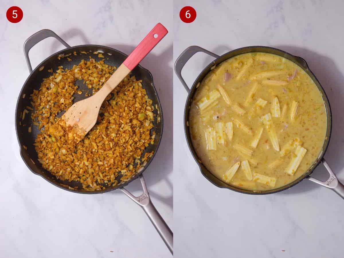 2 step by step photos, the first with onions and spices frying in a pan and the second with a curry sauce with babycorns added to pan.