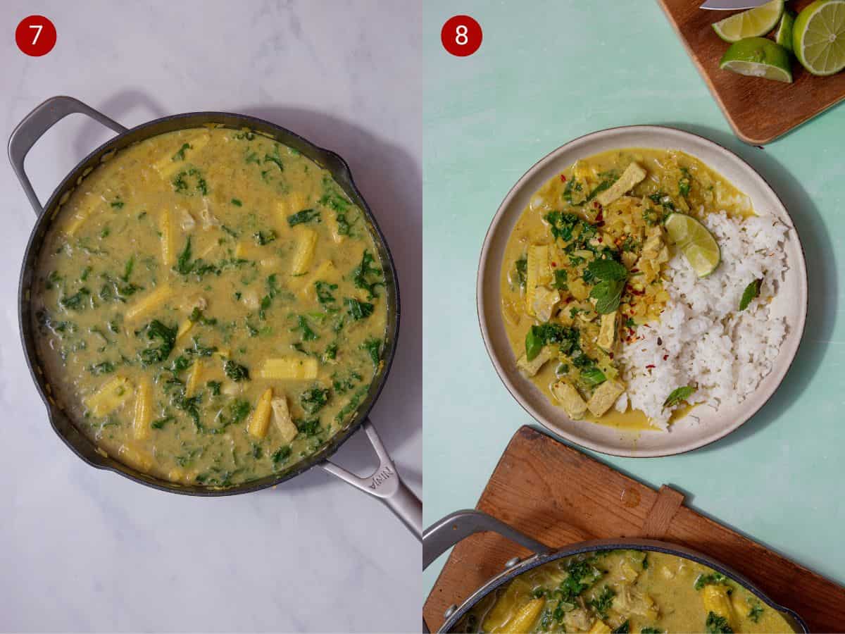 2 step by step photos, the first with curry with kale added to the pan  and the second with a dish with the curry served with rice topped with fresh mint and lime wedge.