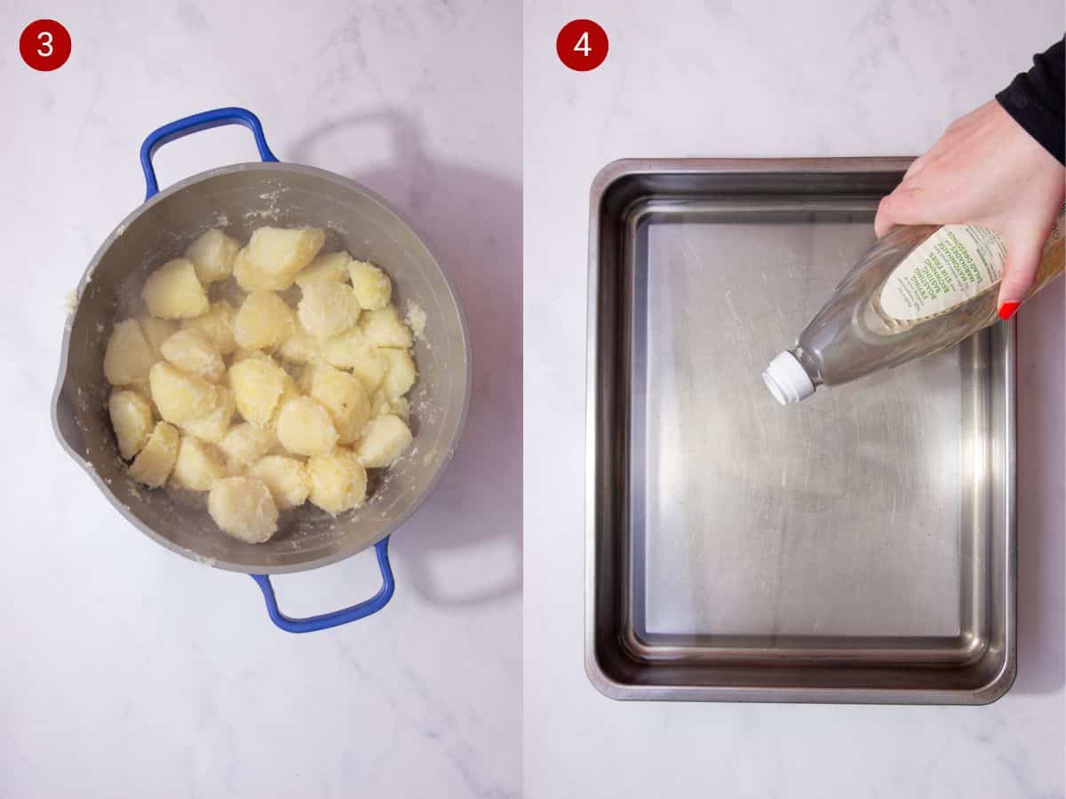 2 step by step photos, the first with a pan with drained and shaken potatoes and the second with an empty baking tray with oil added.
