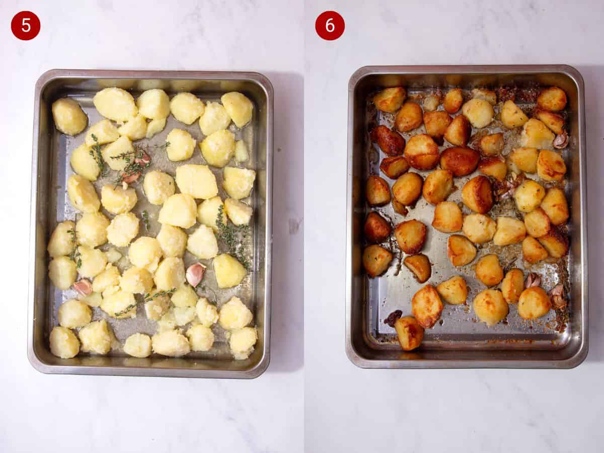 2 step by step photos, the first with part cooked potatoes in a baking tray with garlic and herbs and the second with the potatoes roasted in the tray.