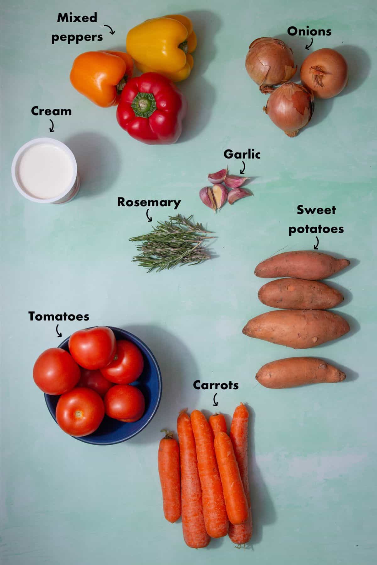 Ingredients to make a vegetable soup laid out on a pale blue background and labelled.