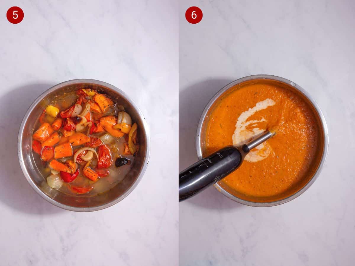 2 step by step photos, the first withstock and the roasted vegetables in a bowl and the second with a hand blender, blending the soup with a swirl of cream added.