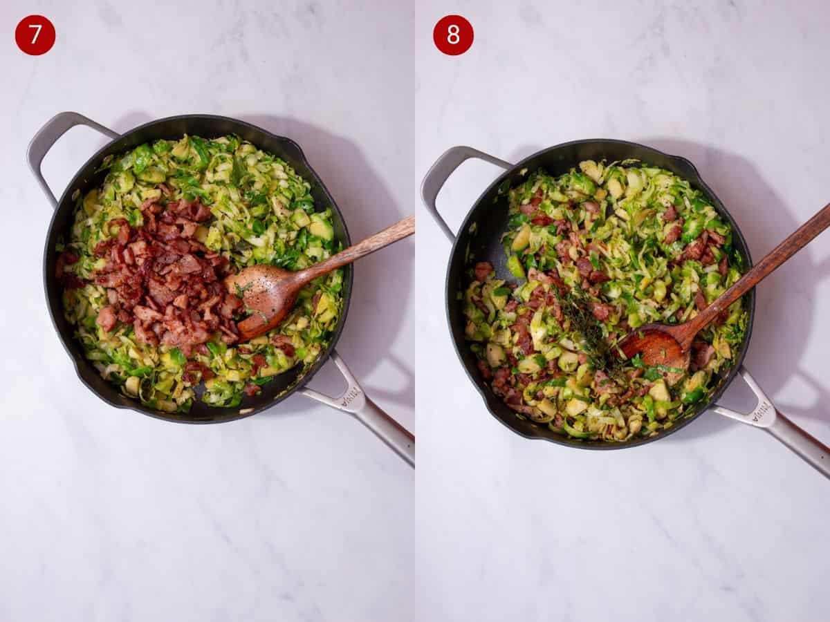2 step by step photos, the first with sliced Brussels in a pan with fried bacon bits on top and the second with the sprouts mixed with the browned bacon.