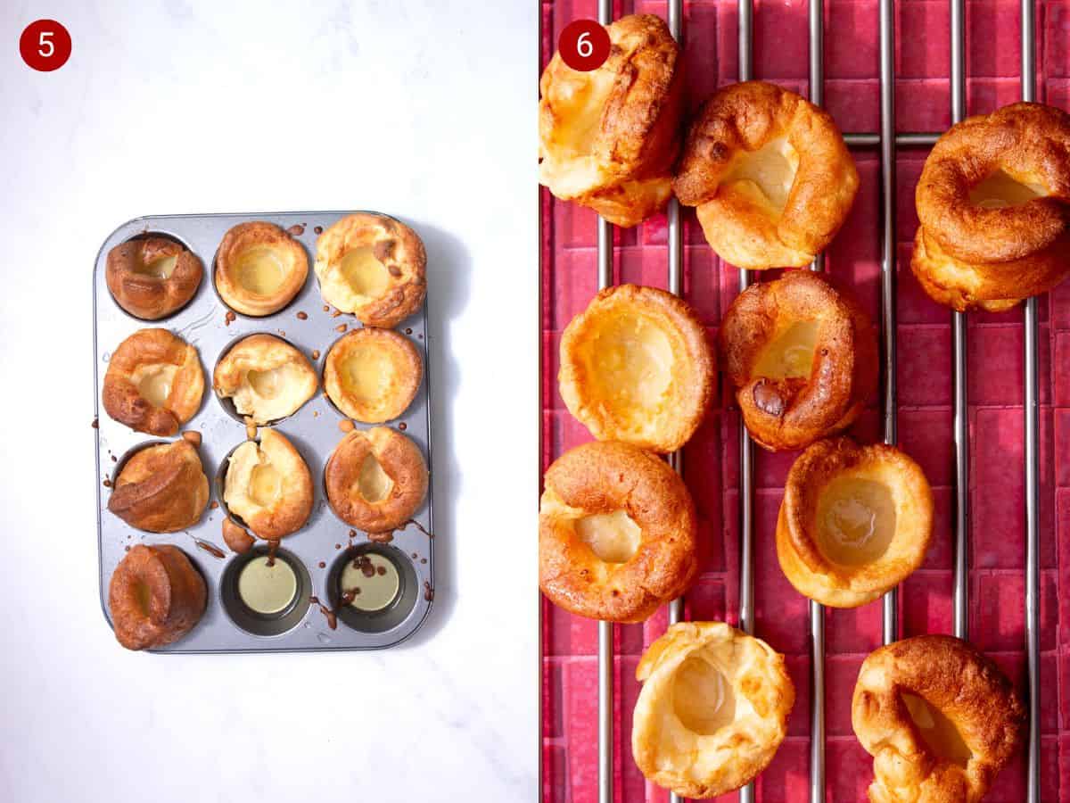 2 step by step photos, the first with 10 roasted Yorkshire puddings in a 12 hole muffin tray and the second with the Yorkshire puddings laid out over a metal rack.