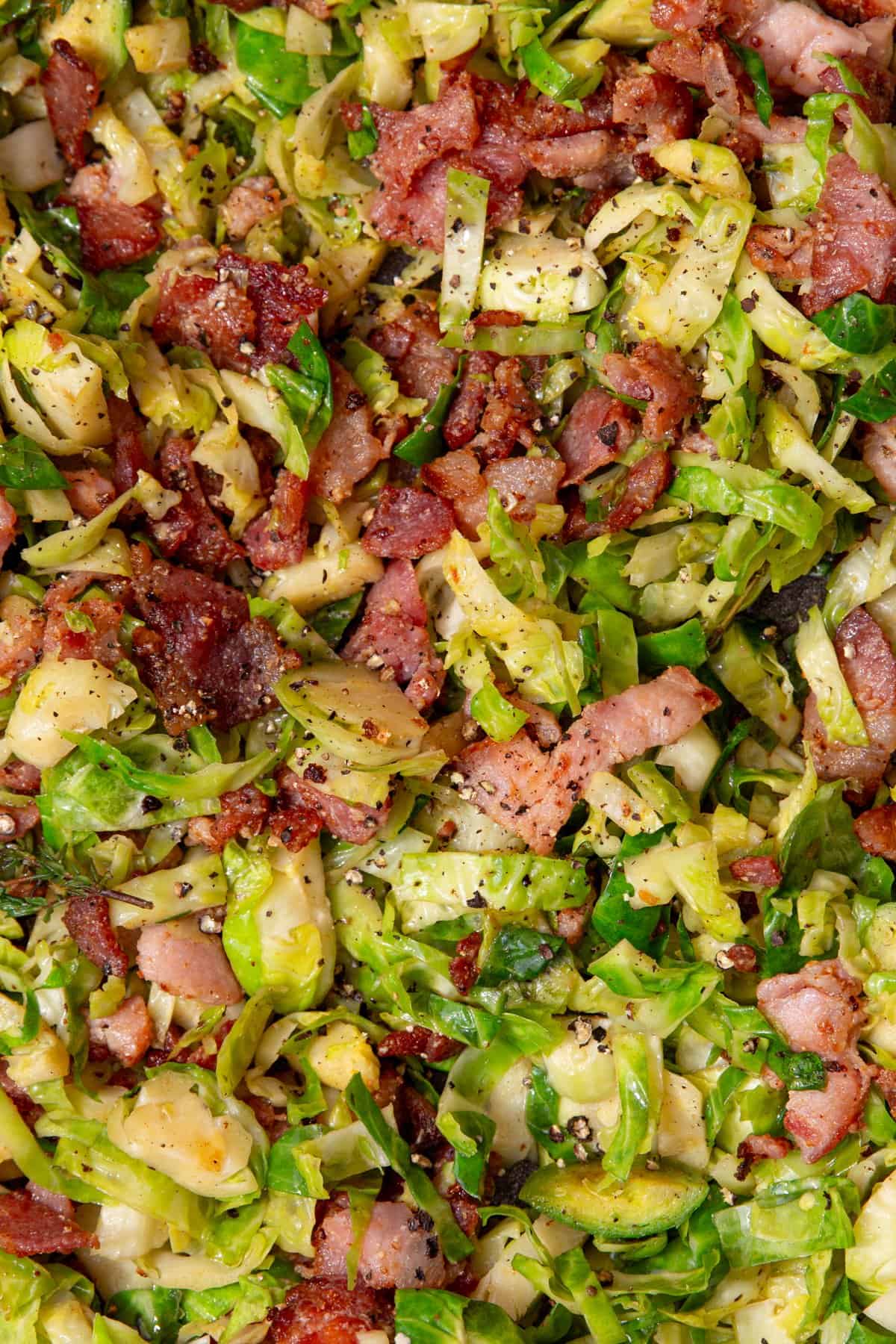Sliced and cooked Brussel sprouts with lots of browned bacon pieces  topped with pepper.
