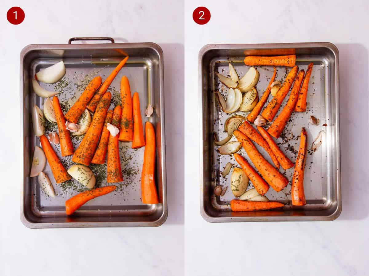 2 step by step photos, the first with raw carrots and onion and garlic on a baking tray with herbs and the second with vegetables roasted.