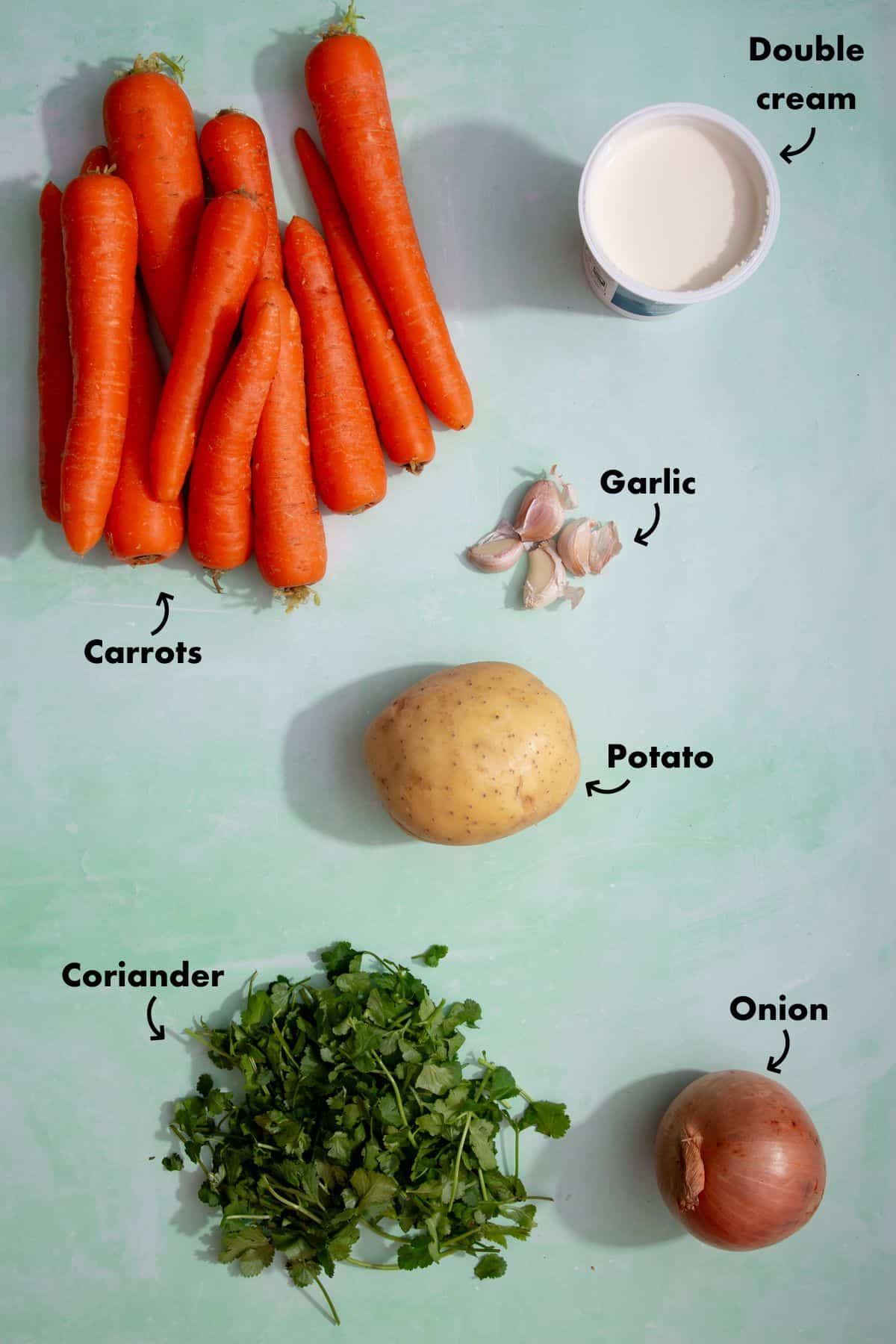 Ingredients to make carrot soup laid out on a place blue back ground and labelled.