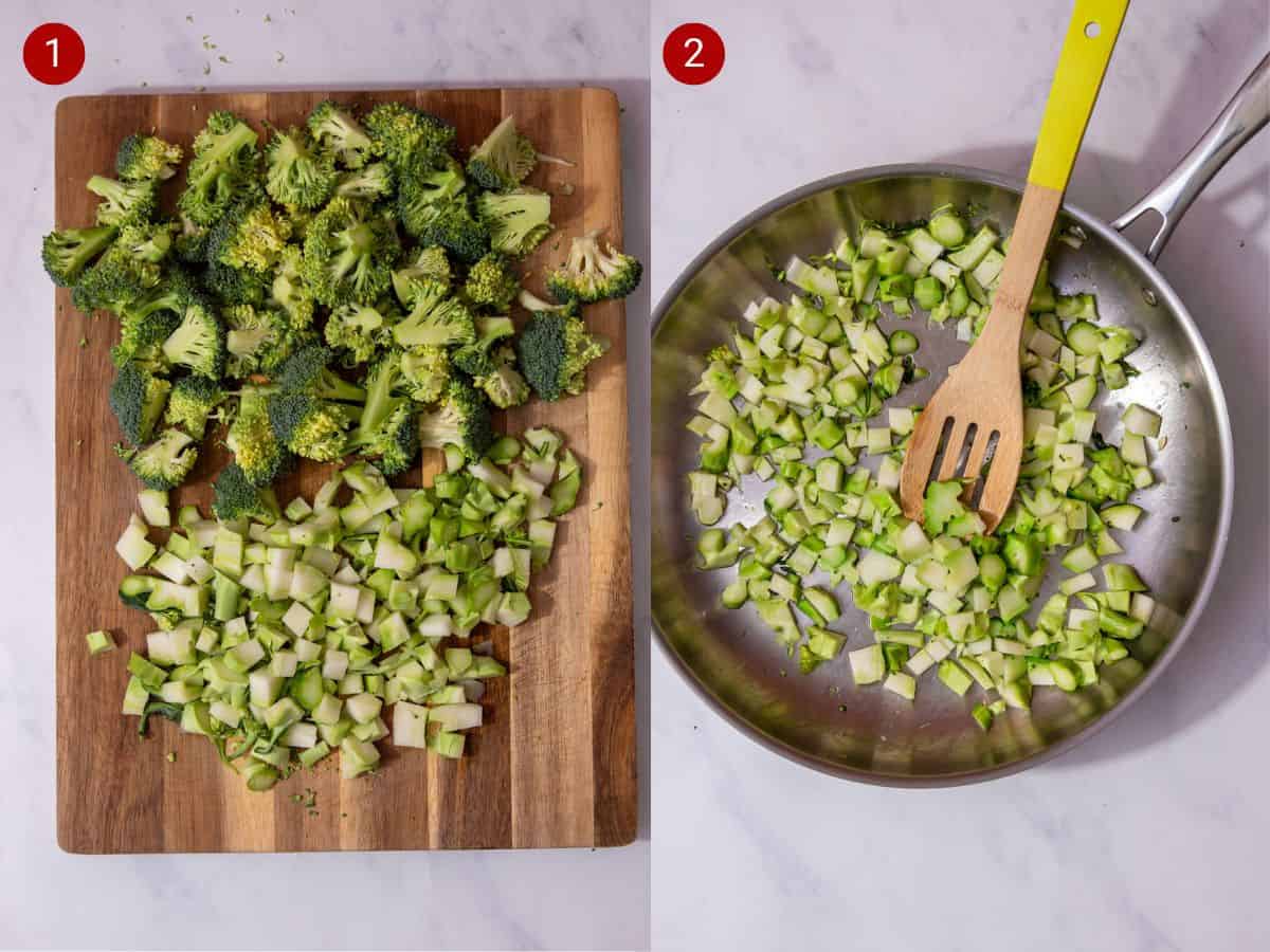 2 step by step photos, the first with finely broccoli stalks and broccoli florets on chopping a board and the second withthese in a large stainless steel frying pan.