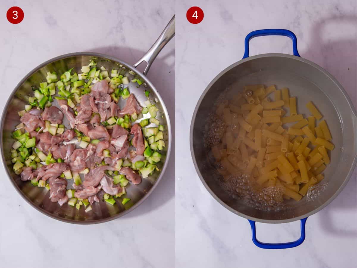 2 step by step photos, the first with the broccoli stalks and chicken pieces frying in a pan and the second with pasta in water in a large pan with. blue handles.