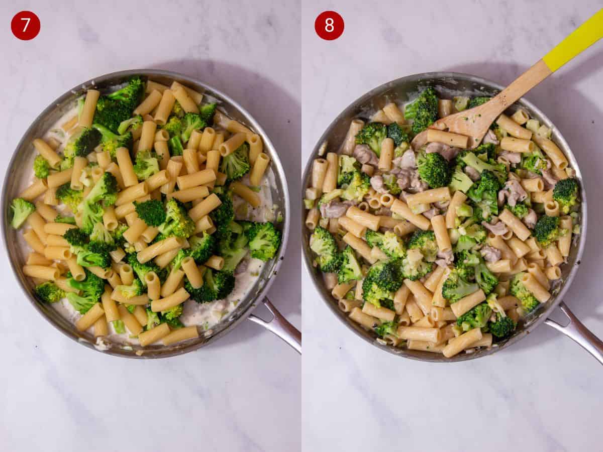 2 step by step photos, the first with the broccoli florets and rigatoni pasta added to pan and the second with pasta and broccoli mixed with the chicken and sauce.