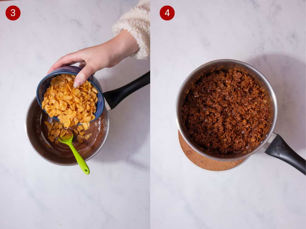 2 step by step photos, the first withcornflakes being added to a pan with melted chocolate and the second with the cornflakes mixed with chocolate.