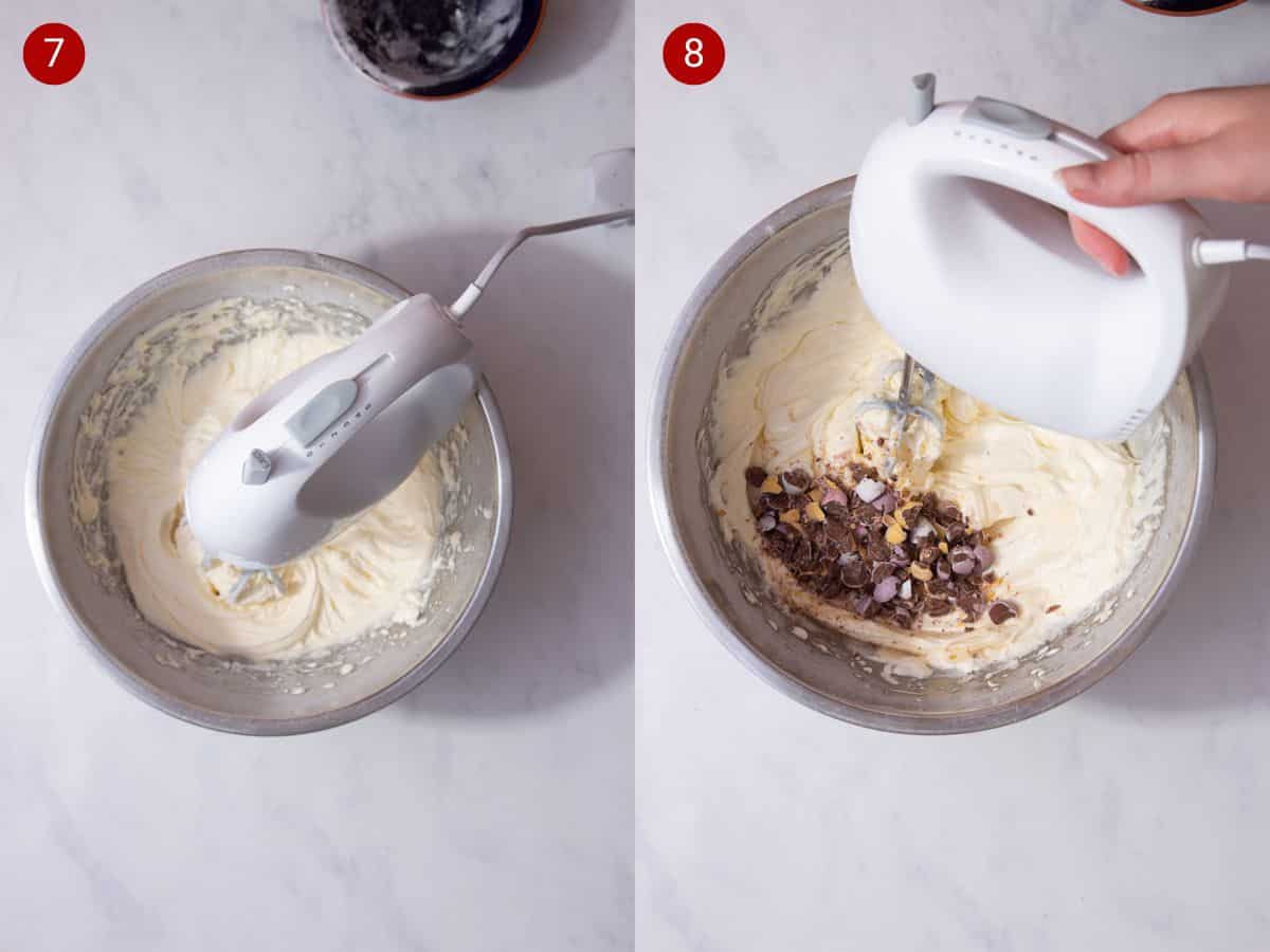 2 step by step photos, the first with stainless steel bowl with a hand mixer blending the cream cheese and the second with a hand mixer over the bowl with broken choclate eggs added.