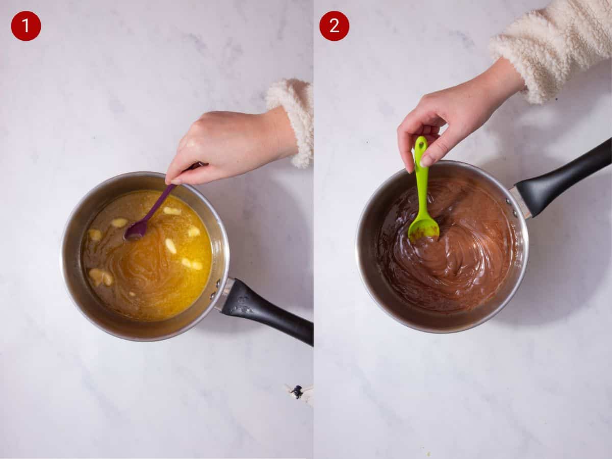 2 step by step photos, the first with butter melting in a pan while being stirred and the second withmelted chocolate in a saucepan.