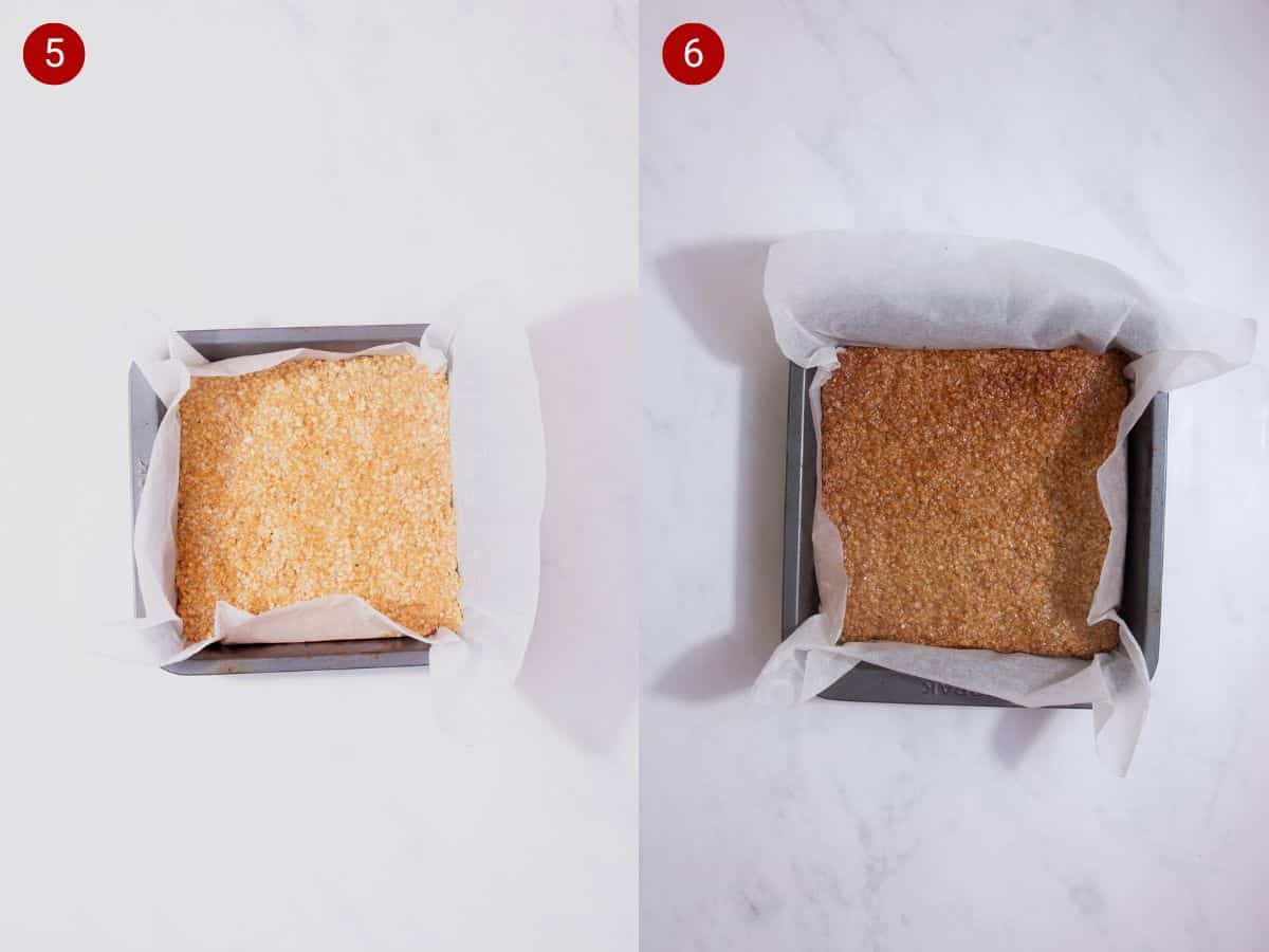 2 step by step photos, the first with oats mixture in a square parchment line baking tin and the second with the baked flapjack mixture.