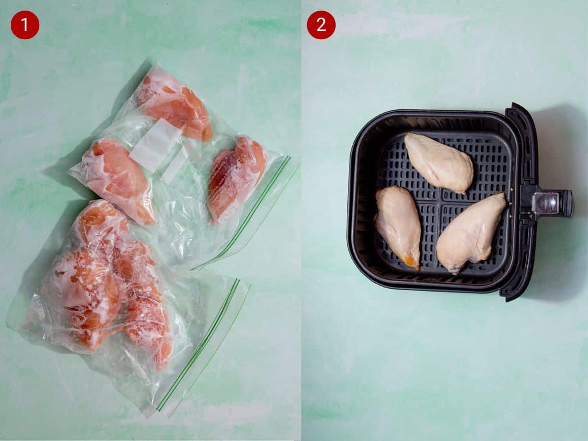 2 step by step photos, the first with frozen chicken breast fillets in freezer bags and the second with 3 frozen chicken breasts in airfryer ray.