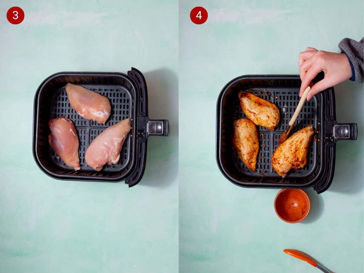 2 step by step photos, the first with frozen chicken breast fillets, partly defrosted, in a airfryer tray and the second with 3 chicken breasts covered with seasoning and oil brush.