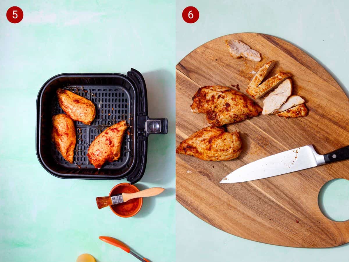 2 step by step photos, the first with cooked and seasoned chicken breast fillets in the airfryer tray nd the second with 3 chicken breast fillets on a wooden board with one sliced.