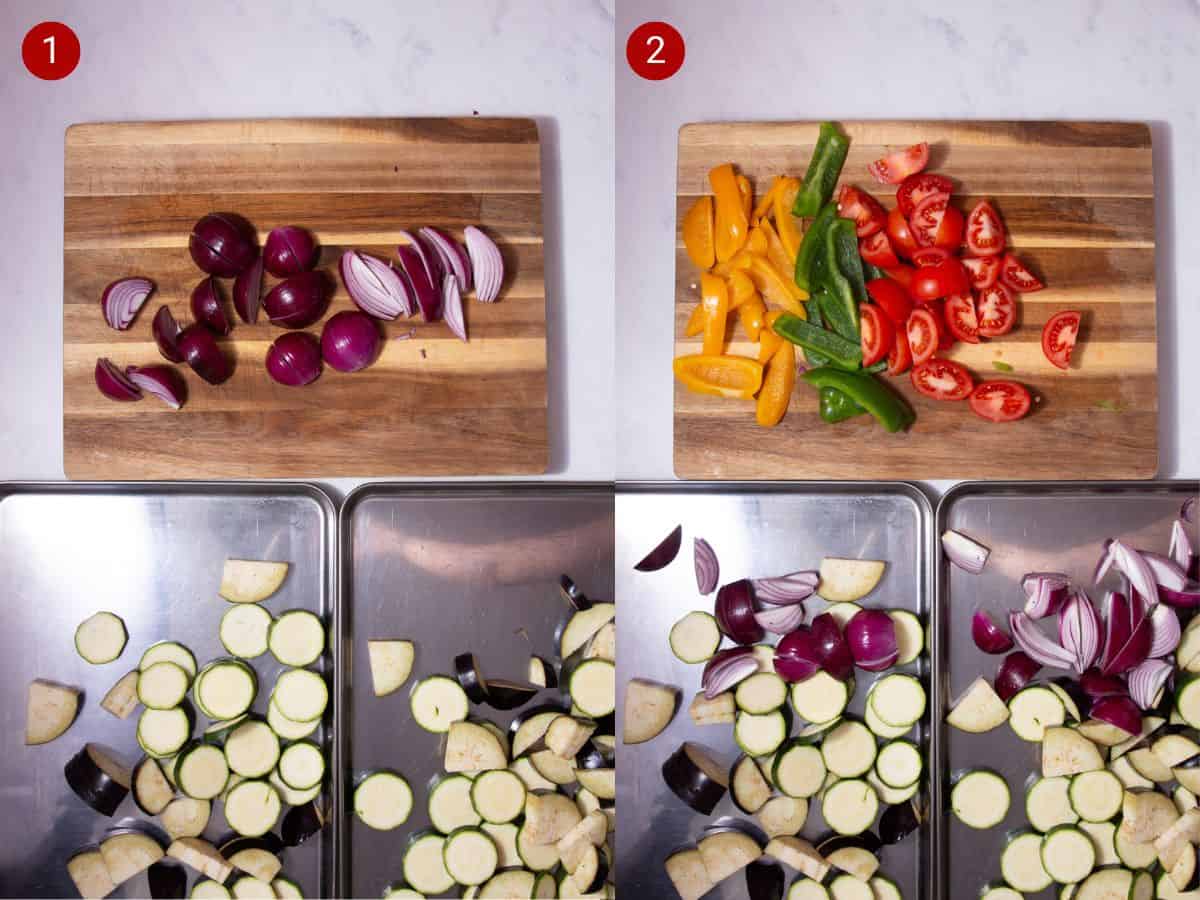 2 step by step photos, the first with sliced red onions on chopping a board sliced courgettes on 2 baking trays and the second with peppers and sliced tomatoes on a board and red onions added to trays.