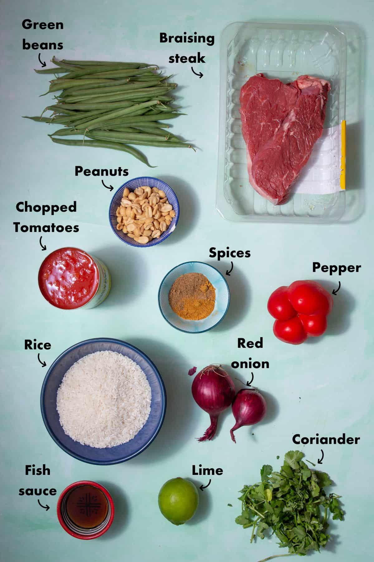 Ingredients to make a beef curry laid out on a pale blue background and labelled.