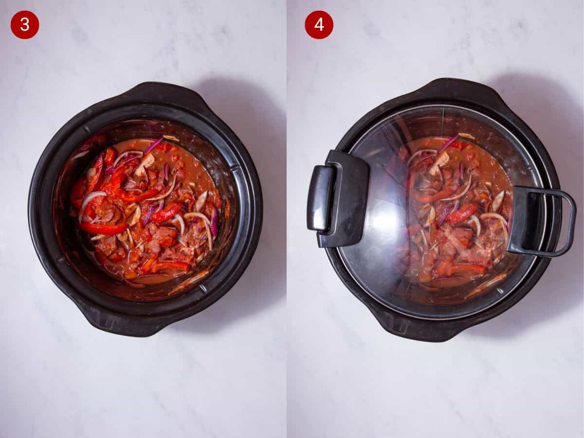 2 step by step photos, the first with beef pieces, red onion and red peppers in a slow cooker pot and the second with the slow cooker lid over the pot.