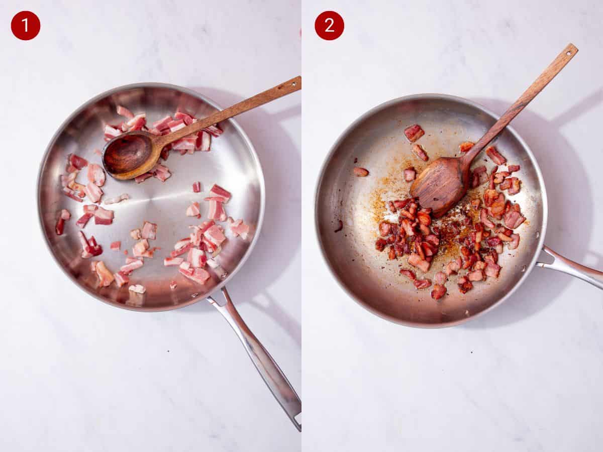 2 step by step photos, the first with sliced pancetta in a stainless steel pan with a wooden spoon and the second with the pancetta fried.