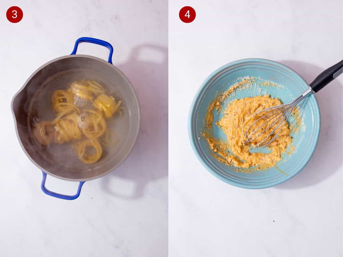 2 step by step photos, the first with tagliatelle added to water in a pan with blue handles and the second with egg and parmesan mixed with a whisk in a blue bowl.