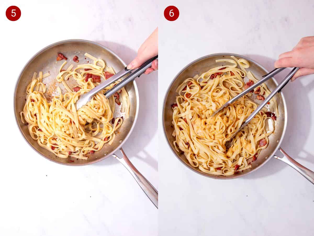 2 step by step photos, the first with cooked tagliatelle and bacon in a large pan mixed with tongs and the second with the eggy sauce added.