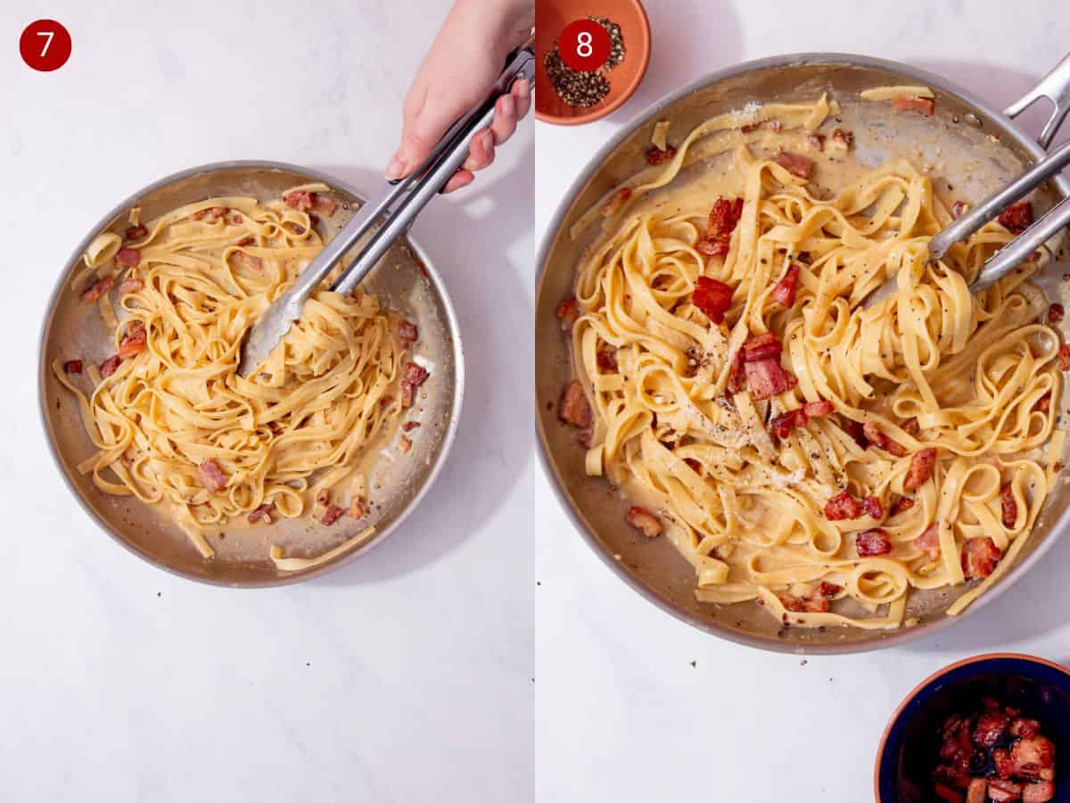 2 step by step photos, the first with cooked tagliatelle and bacon in a large pan mixed with tongs and the second with the eggy sauce added and 2 small bowls of pancetta and pepper in partial view.