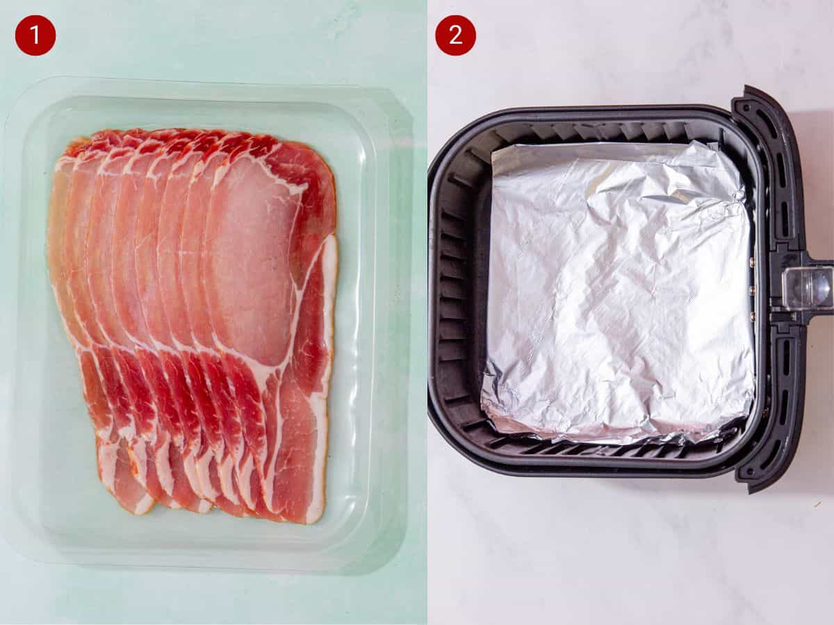 2 step by step photos, the first with slices of bacon in plastic container and the second with foil placed in the airfryer tray.